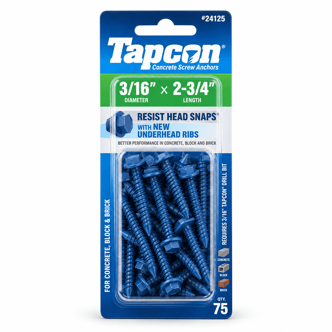 Product photo of Tapcon 3/16 in. × 2-3/4 in. Hex-Washer-Head Concrete Anchors — 75 Pack